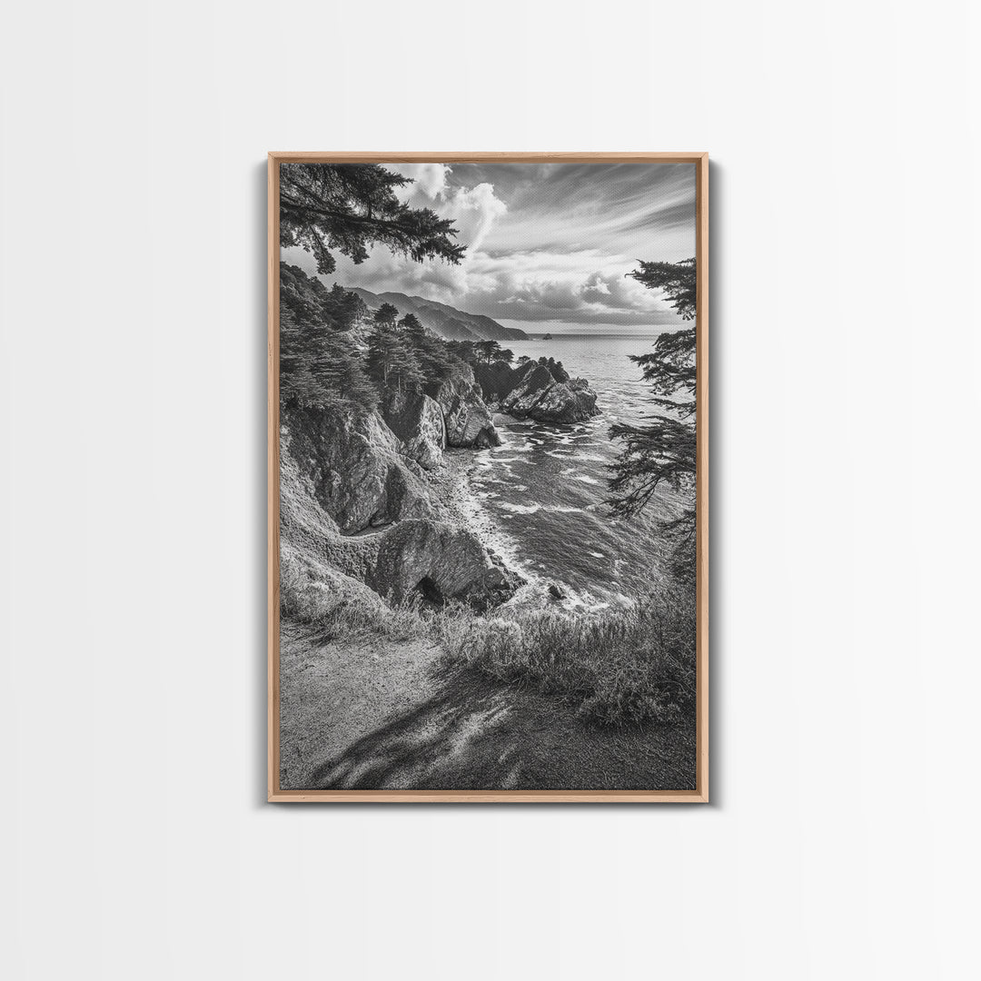 Coastal Cliff, Ocean View, Rocky Shoreline, Framed Canvas Print, Black and White Art, Coastal Living Wall Decor, Nature Landscape Art