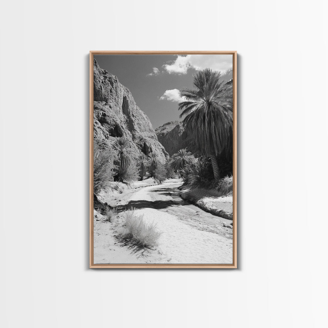 Desert Oasis, Palm Trees, Canyon Trail, Framed Canvas Print, Nature Photography Art, Warm Boho Wall Decor, Rustic Entryway Accent