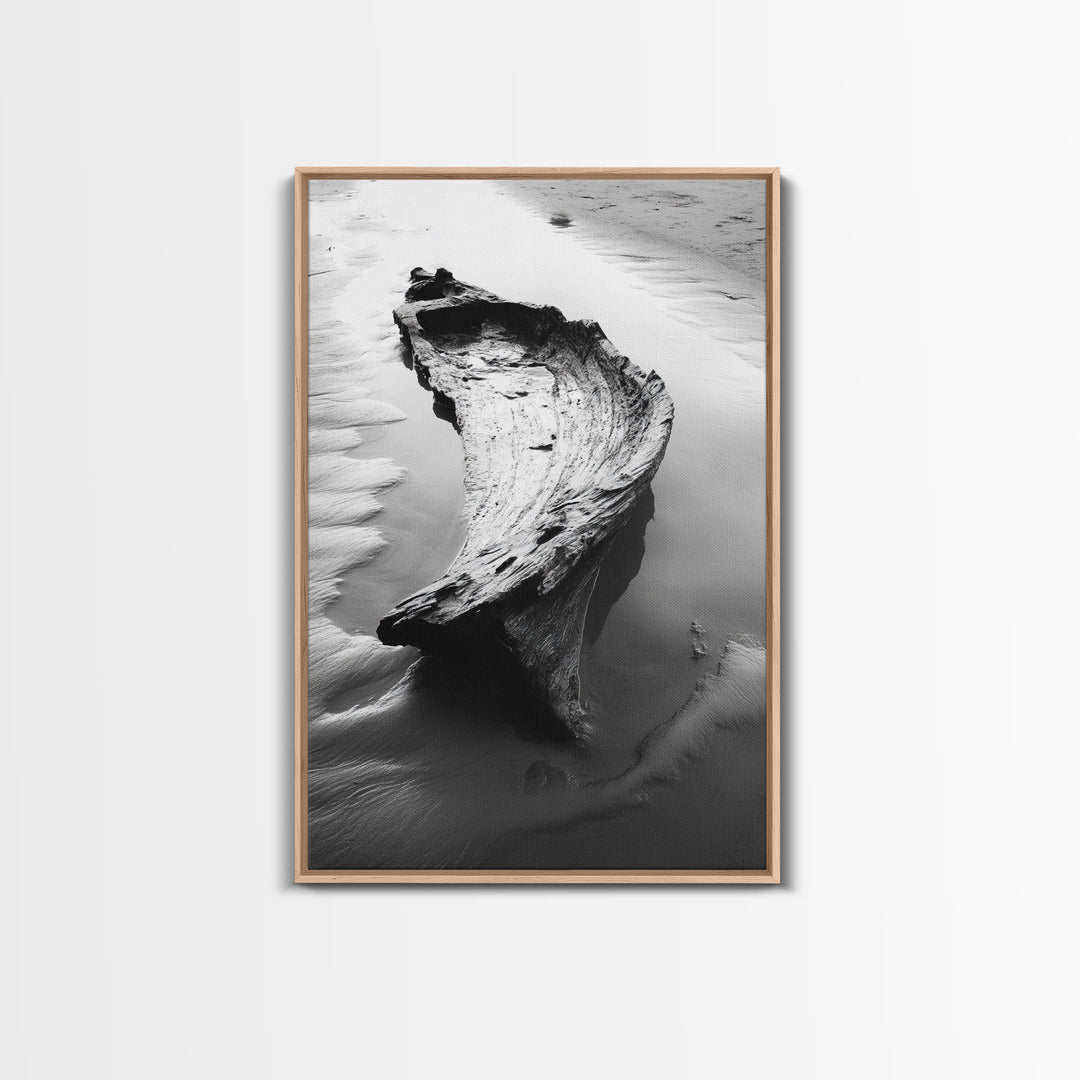 Driftwood Shore, Tidal Beauty, Washed Wood, Canvas Print, Coastal Beach Wall Art, Minimalist Bathroom Decor, Black and White Ocean Scene