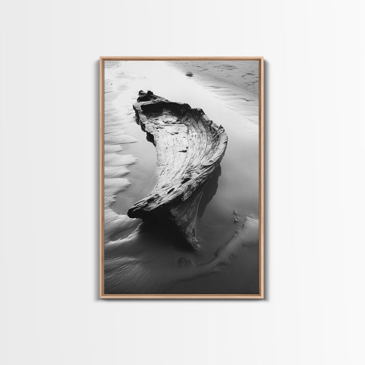 Driftwood Shore, Tidal Beauty, Washed Wood, Canvas Print, Coastal Beach Wall Art, Minimalist Bathroom Decor, Black and White Ocean Scene