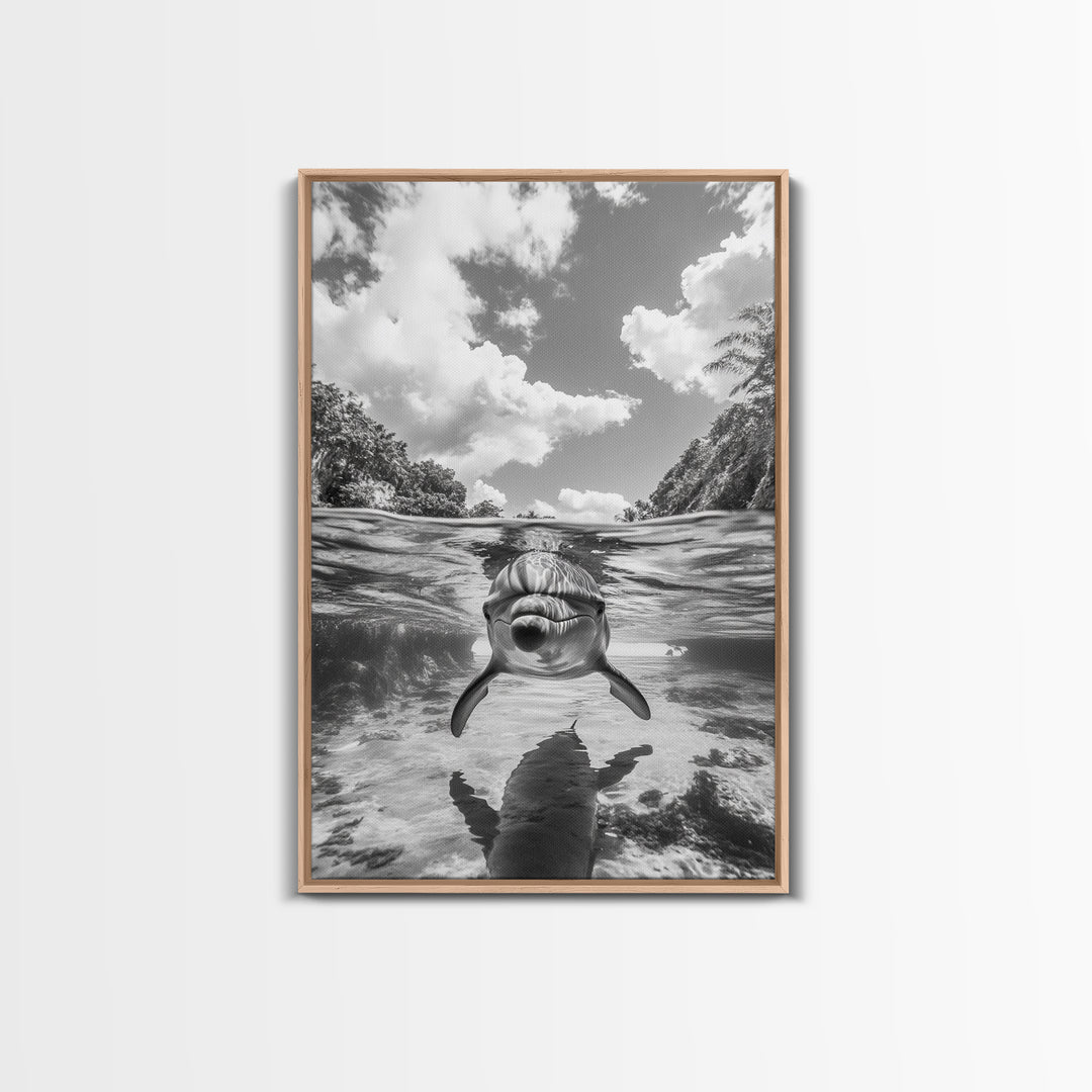 Dolphin Play, Ocean Joy, Underwater View, Canvas Print, Nautical Wall Art, Coastal Bathroom Decor, Playful Beach House Style