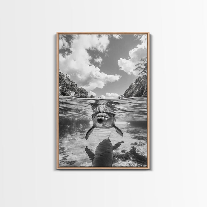 Dolphin Play, Ocean Joy, Underwater View, Canvas Print, Nautical Wall Art, Coastal Bathroom Decor, Playful Beach House Style