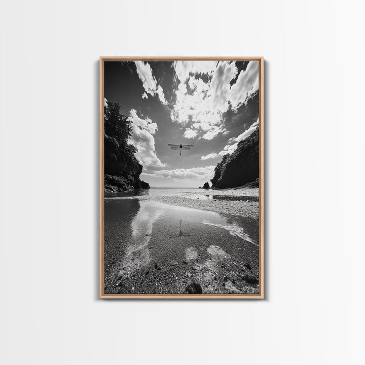Dragonfly Flight, Beach View, Nature Dream, Framed Canvas Print, Whimsical Wall Art, Surreal Living Room Decor, Black and White Nature Style