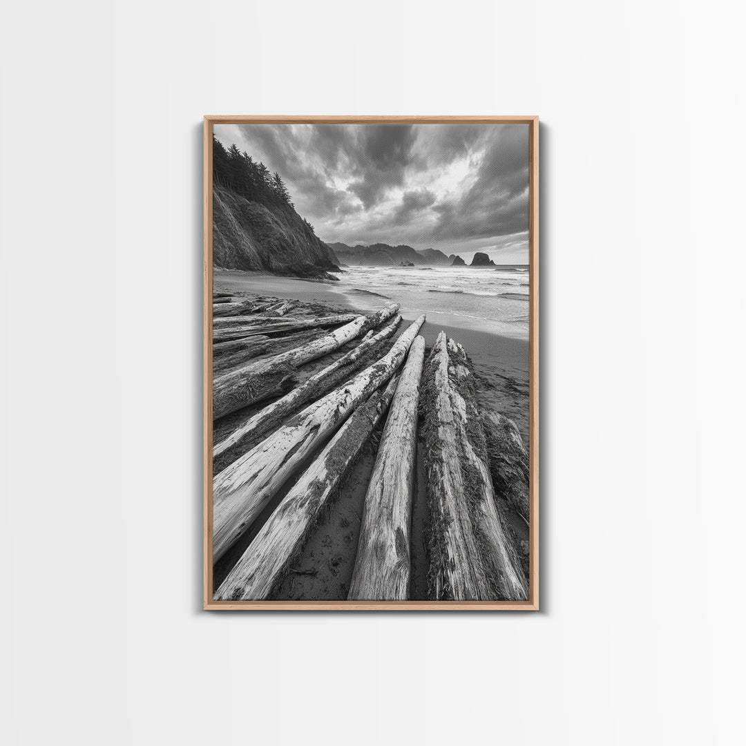 Driftwood Beach, Coastal Logs, Wild Shore, Canvas Print, Rustic Ocean Wall Art, Cabin Bathroom Decor, Nature Inspired Photography
