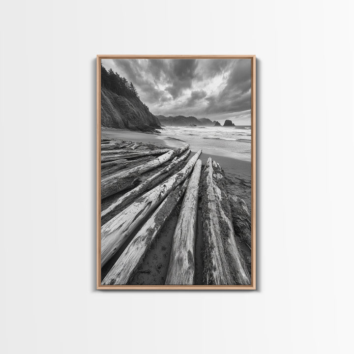 Driftwood Beach, Coastal Logs, Wild Shore, Canvas Print, Rustic Ocean Wall Art, Cabin Bathroom Decor, Nature Inspired Photography