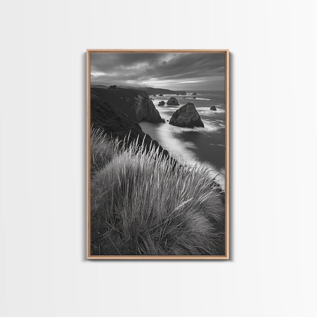 Coastal Cliffs, Ocean Rocks, Tall Grass, Canvas Print, Windswept Landscape Art, Beach House Wall Decor, Monochrome Nature Scene