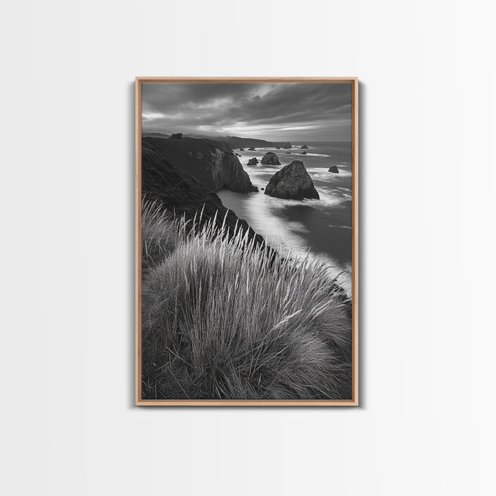 Coastal Cliffs, Ocean Rocks, Tall Grass, Canvas Print, Windswept Landscape Art, Beach House Wall Decor, Monochrome Nature Scene