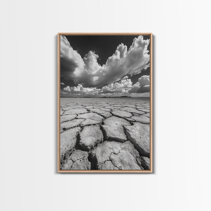 Cracked Earth, Storm Sky, Desert View, Framed Canvas Print, Dramatic Landscape Art, Modern Living Room Decor, Moody Minimalist Wall Art