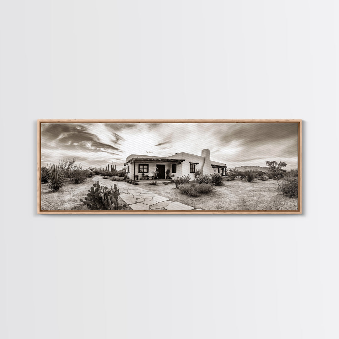 Desert Home, Adobe House, Rustic Pathway, Cactus Garden, Framed Canvas Print, Southwestern Decor, Living Room Wall Art, Western Aesthetic