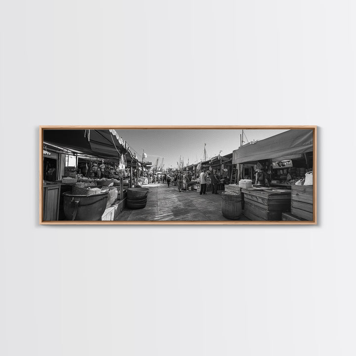 Mediterranean Market Scene, Travel Wall Decor, Rustic Street View, Framed Canvas Print, Kitchen Wall Art, Black and White Photography
