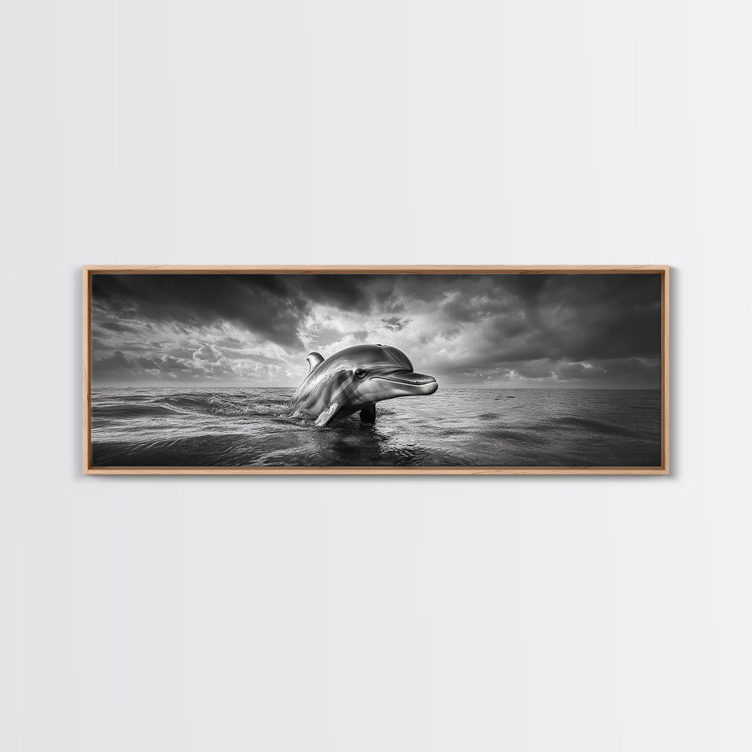 Dolphin Ocean Art, Playful Sea Animal Print, Modern Coastal Decor, Framed Canvas Print, Bathroom Wall Art, Nature Photography