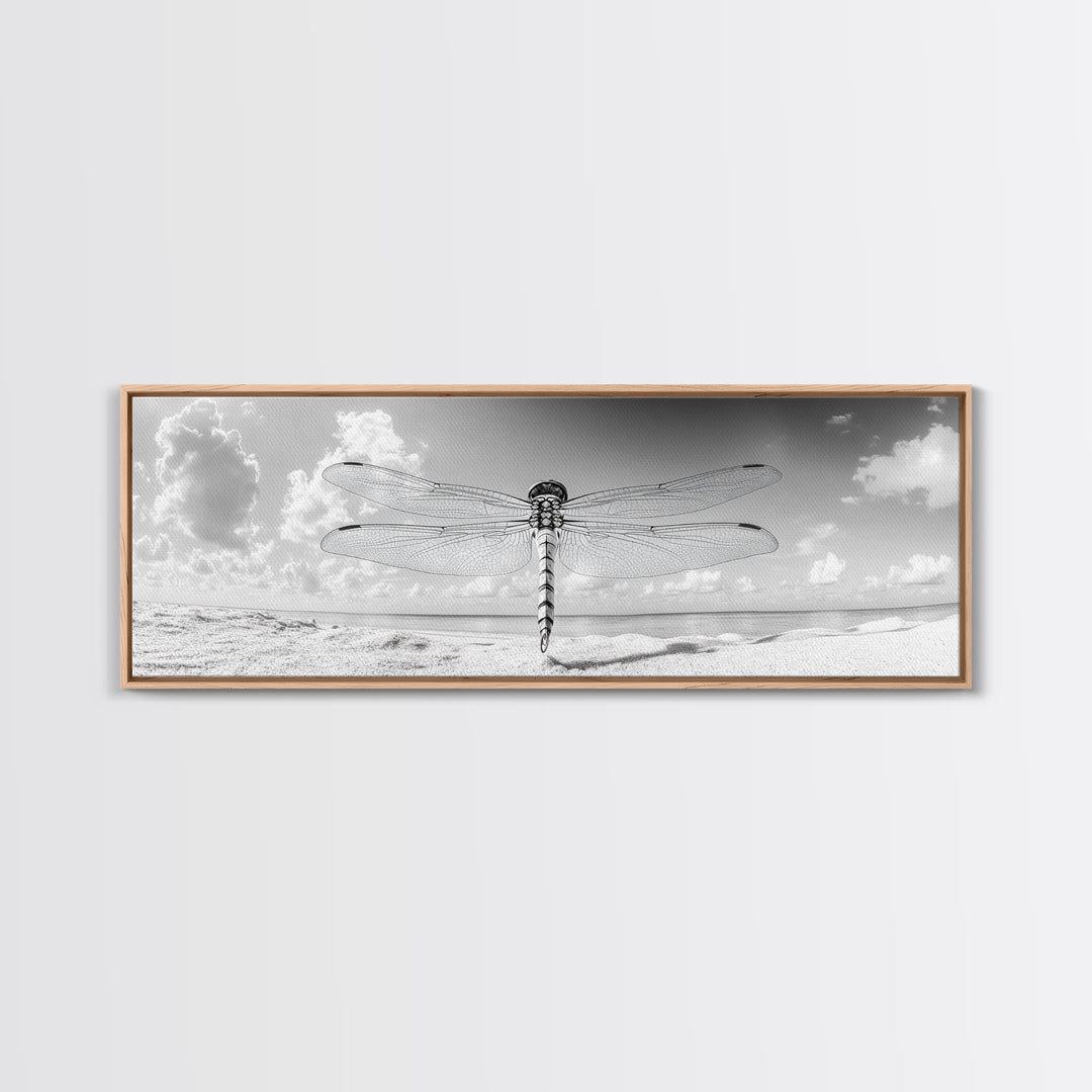 Dragonfly Beach Art, Detailed Insect Wings, Nature Wall Decor, Framed Canvas Print, Boho Bedroom Art, Minimal Wildlife Photography