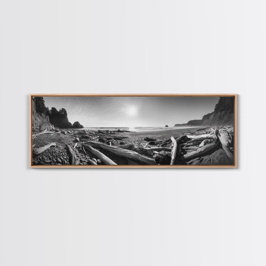 Coastal Driftwood Scene, Rugged Ocean Beach, Moody Nature Landscape, Framed Canvas Print, Rustic Wall Decor, Fall Coastal Photography