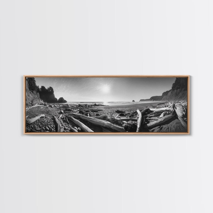 Coastal Driftwood Scene, Rugged Ocean Beach, Moody Nature Landscape, Framed Canvas Print, Rustic Wall Decor, Fall Coastal Photography