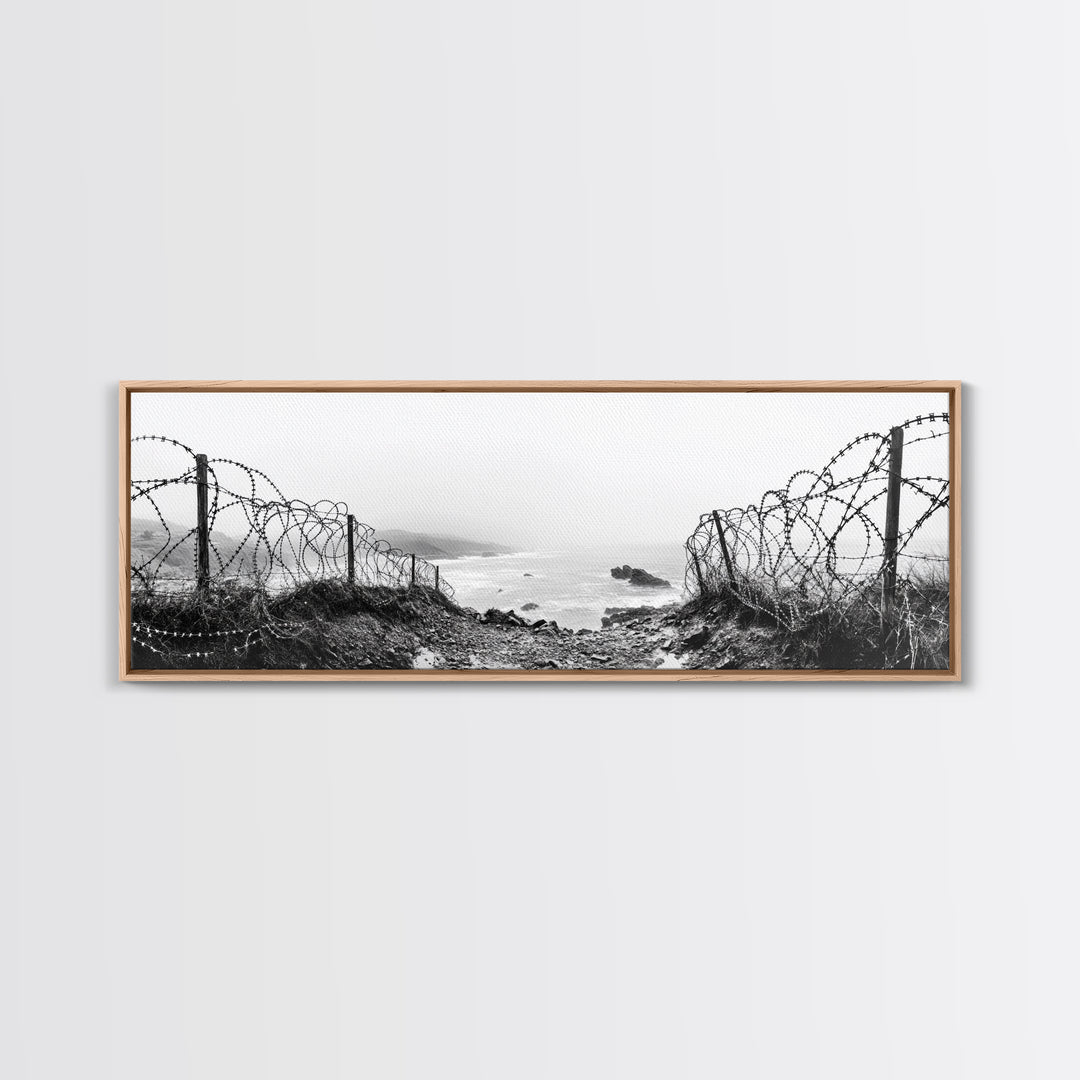 Barbed Coast, Foggy Beach, War Fence, Ocean Boundary, Framed Canvas Print, Industrial Wall Art, Living Room Decor, Black and White Art