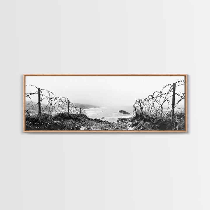 Barbed Coast, Foggy Beach, War Fence, Ocean Boundary, Framed Canvas Print, Industrial Wall Art, Living Room Decor, Black and White Art