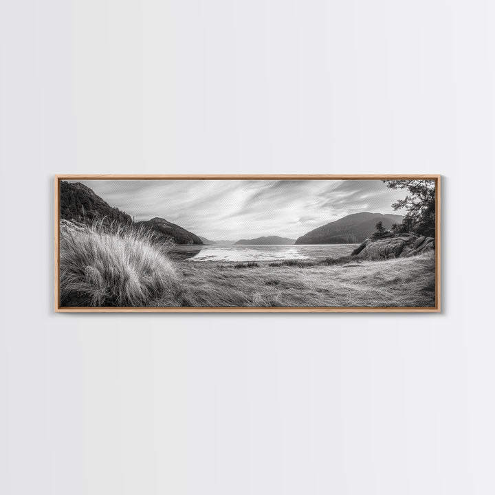 Mountain Lake Calm, Tranquil Nature Reflection, Forest Valley Art, Framed Canvas Print, Minimalist Wall Decor, Serene Landscape Print
