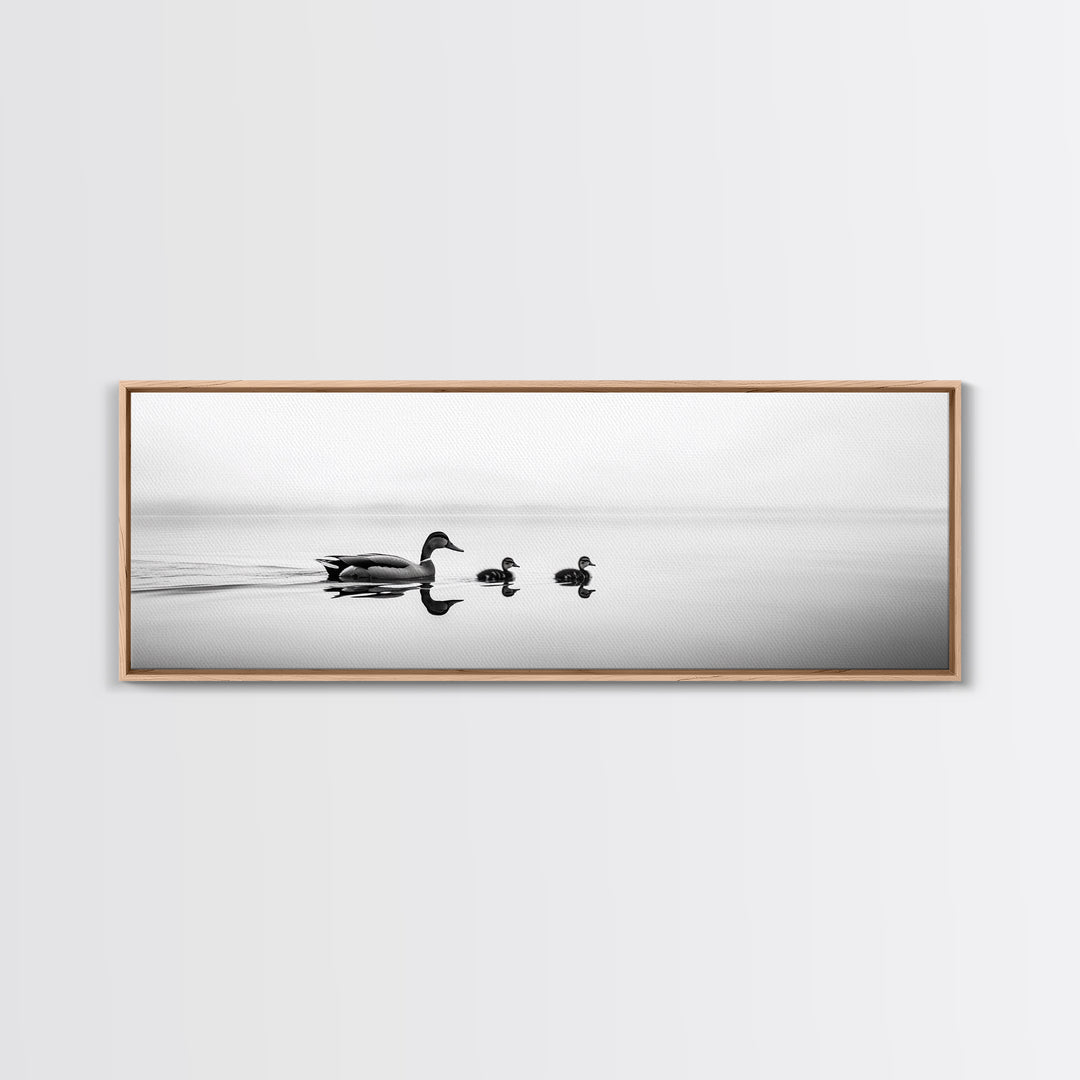 Duck Family, Serene Water, Peaceful Reflections, Canvas Print, Minimalist Animal Art, Nursery Wall Art, Calm Lake Photography
