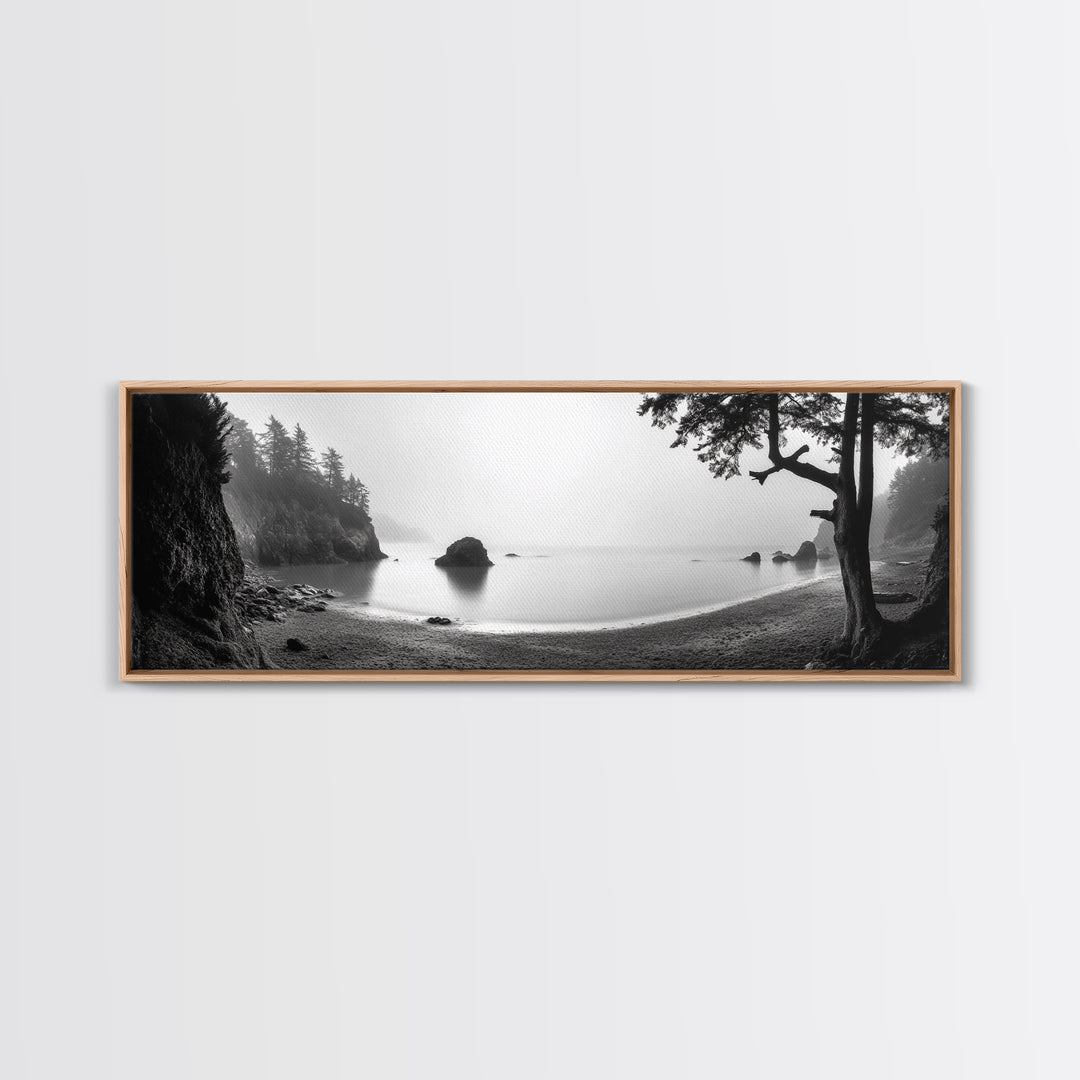 Misty Cove, Pacific Coast, Tranquil Shore, Canvas Print, Zen Nature Wall Art, Bathroom Decor, Moody Black and White Art