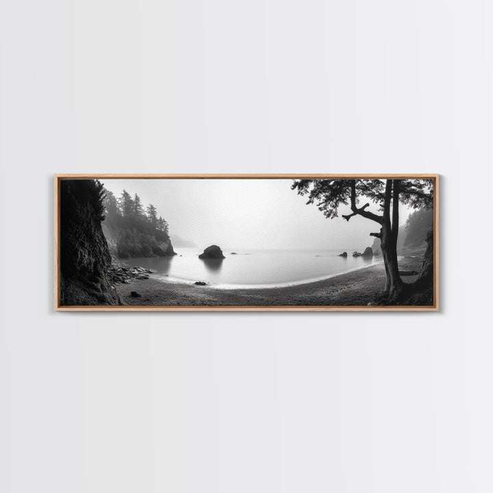 Misty Cove, Pacific Coast, Tranquil Shore, Canvas Print, Zen Nature Wall Art, Bathroom Decor, Moody Black and White Art