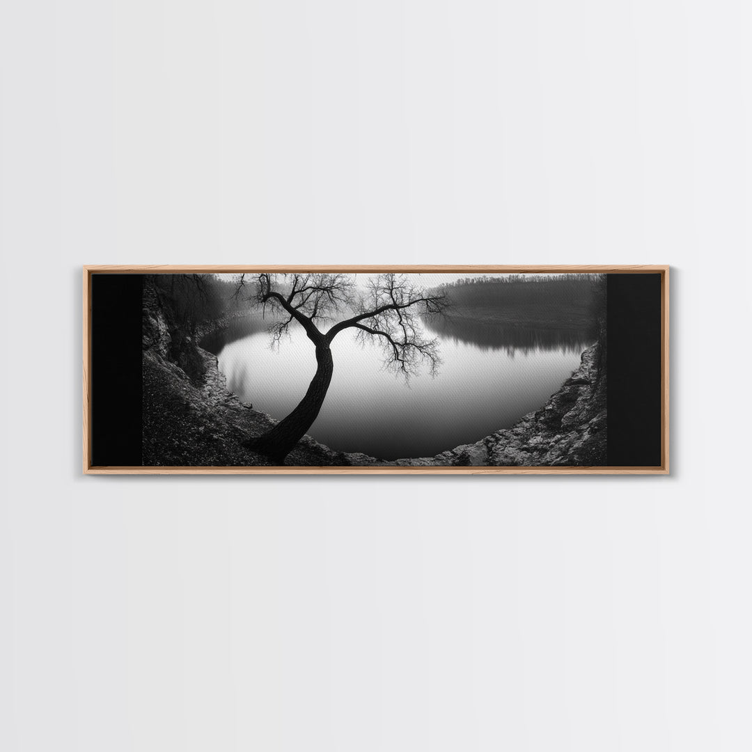 Curved Tree, Still Lake, Moody Landscape, Framed Canvas Print, Modern Nature Photography, Fall Home Decor, Living Room Art