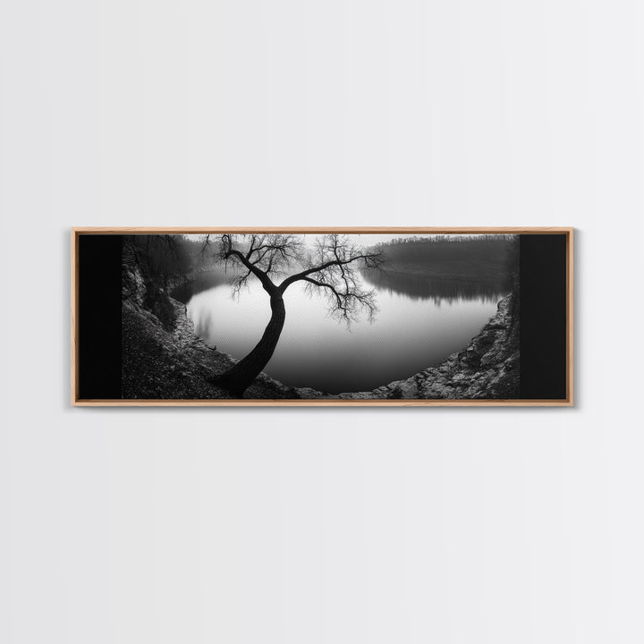Curved Tree, Still Lake, Moody Landscape, Framed Canvas Print, Modern Nature Photography, Fall Home Decor, Living Room Art