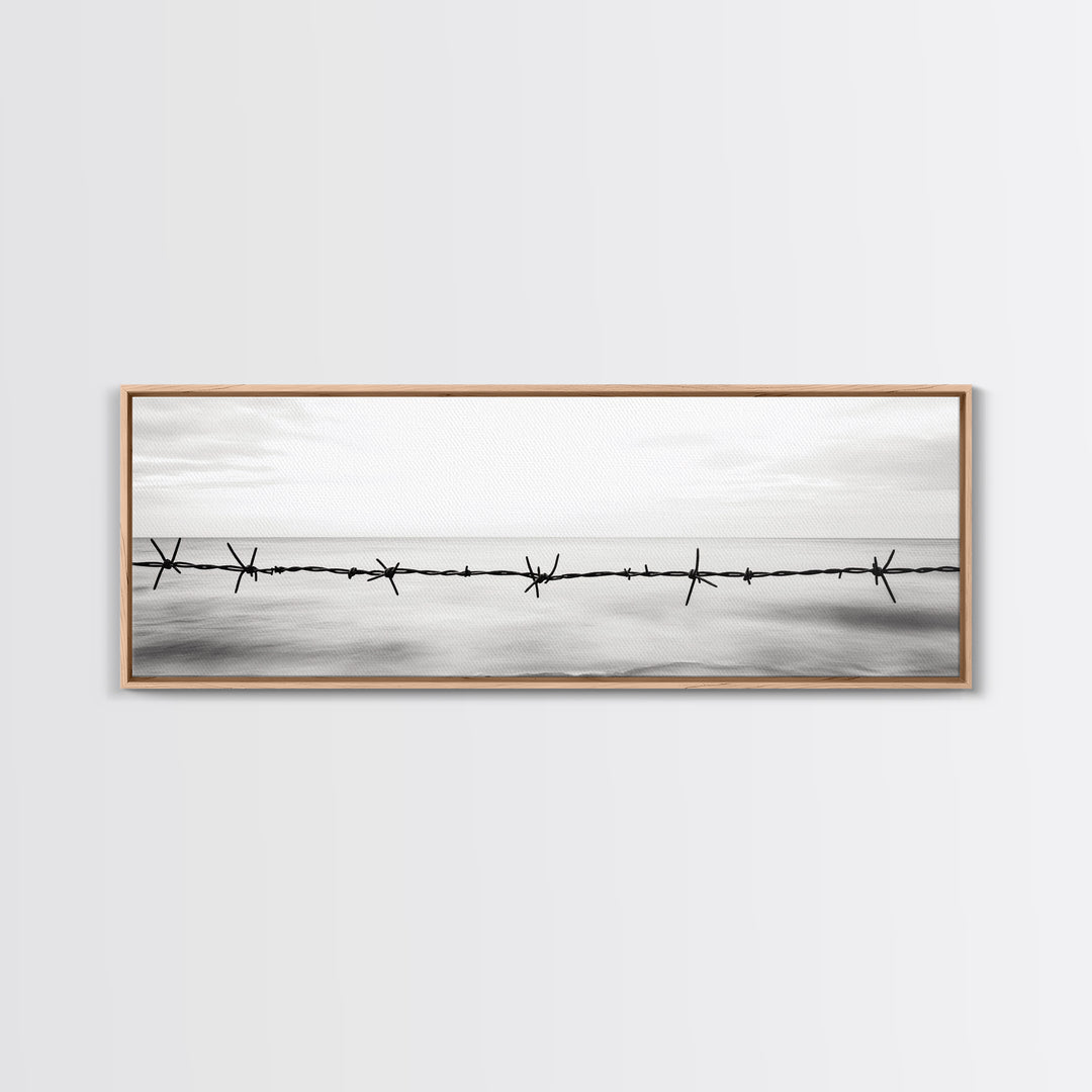 Barbed Wire, Ocean Horizon, Minimal Seascape, Stark Contrast, Framed Canvas Print, Modern Office Art, Minimalist Style, Black and White Art
