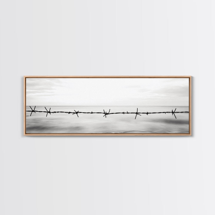 Barbed Wire, Ocean Horizon, Minimal Seascape, Stark Contrast, Framed Canvas Print, Modern Office Art, Minimalist Style, Black and White Art