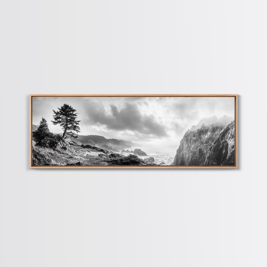 Ocean Cliff, Pine Trees, Foggy Coast, Canvas Print, Dramatic Nature Wall Art, Rustic Cabin Decor, Black and White Landscape