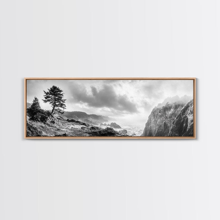 Ocean Cliff, Pine Trees, Foggy Coast, Canvas Print, Dramatic Nature Wall Art, Rustic Cabin Decor, Black and White Landscape