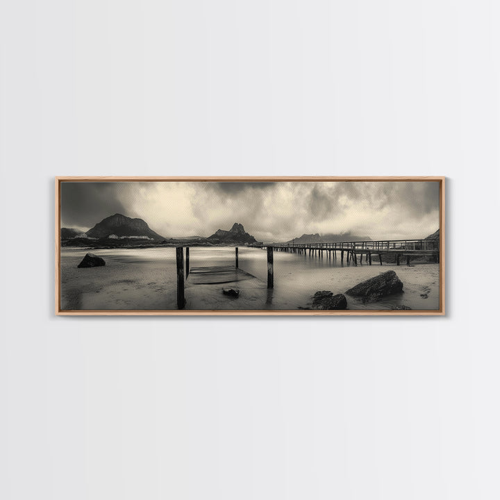 Dockside Calm, Stormy Shore, Ocean Jetty, Framed Canvas Print, Moody Coastal Wall Art, Living Room Art, Rustic Lakehouse Decor