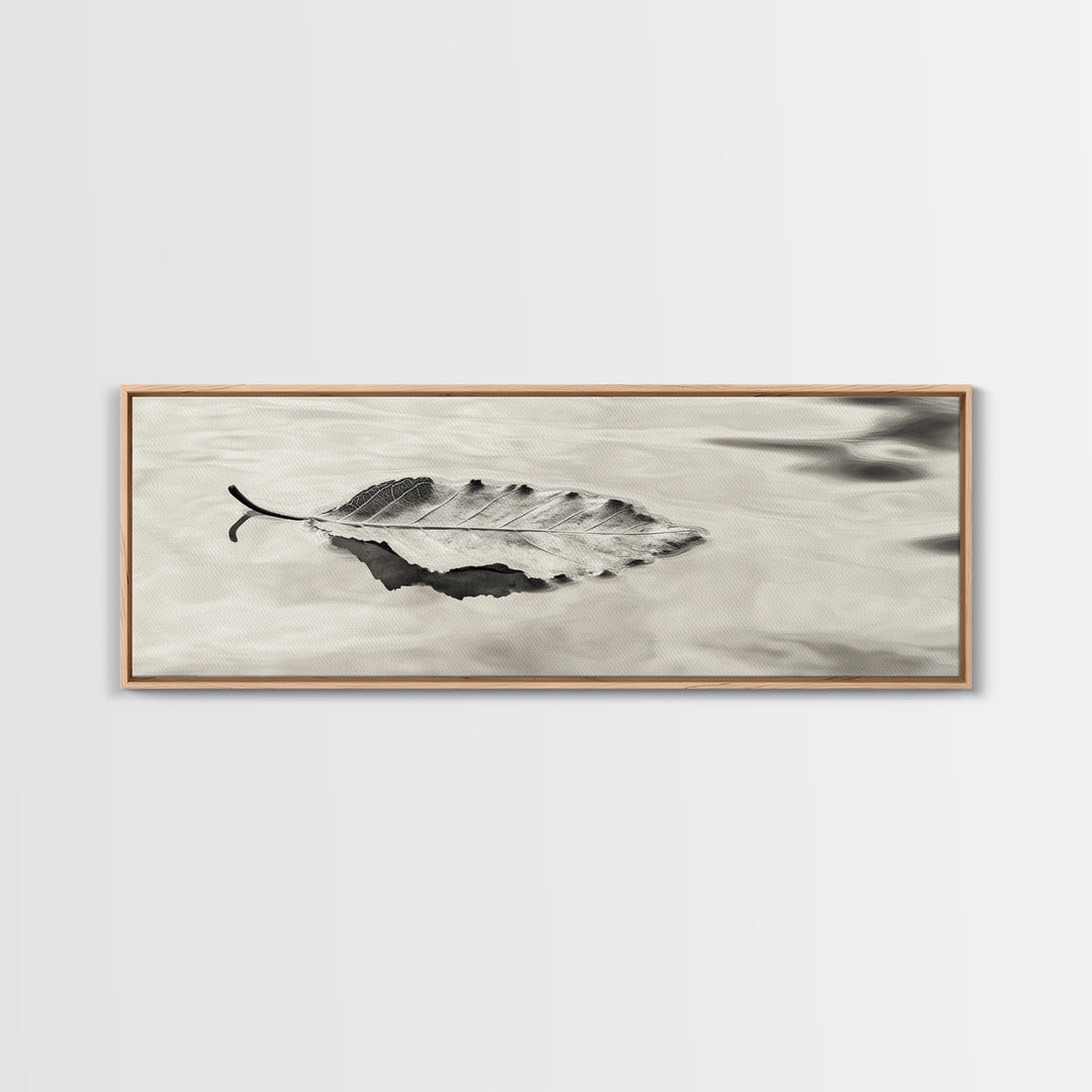 Autumn Leaf, Water Reflection, Nature Minimalism, Floating Stillness, Framed Canvas Print, Fall Wall Art, Neutral Tones, Bathroom Decor