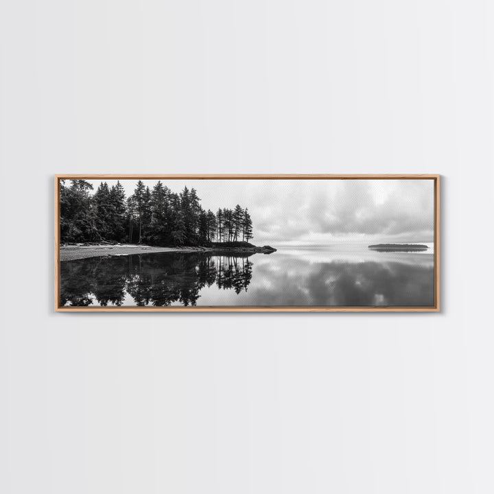 Reflected Pines, Quiet Lake, Forest Island, Calm Waters, Framed Canvas Print, Nature Photography, Minimal Wall Art, Office Decor