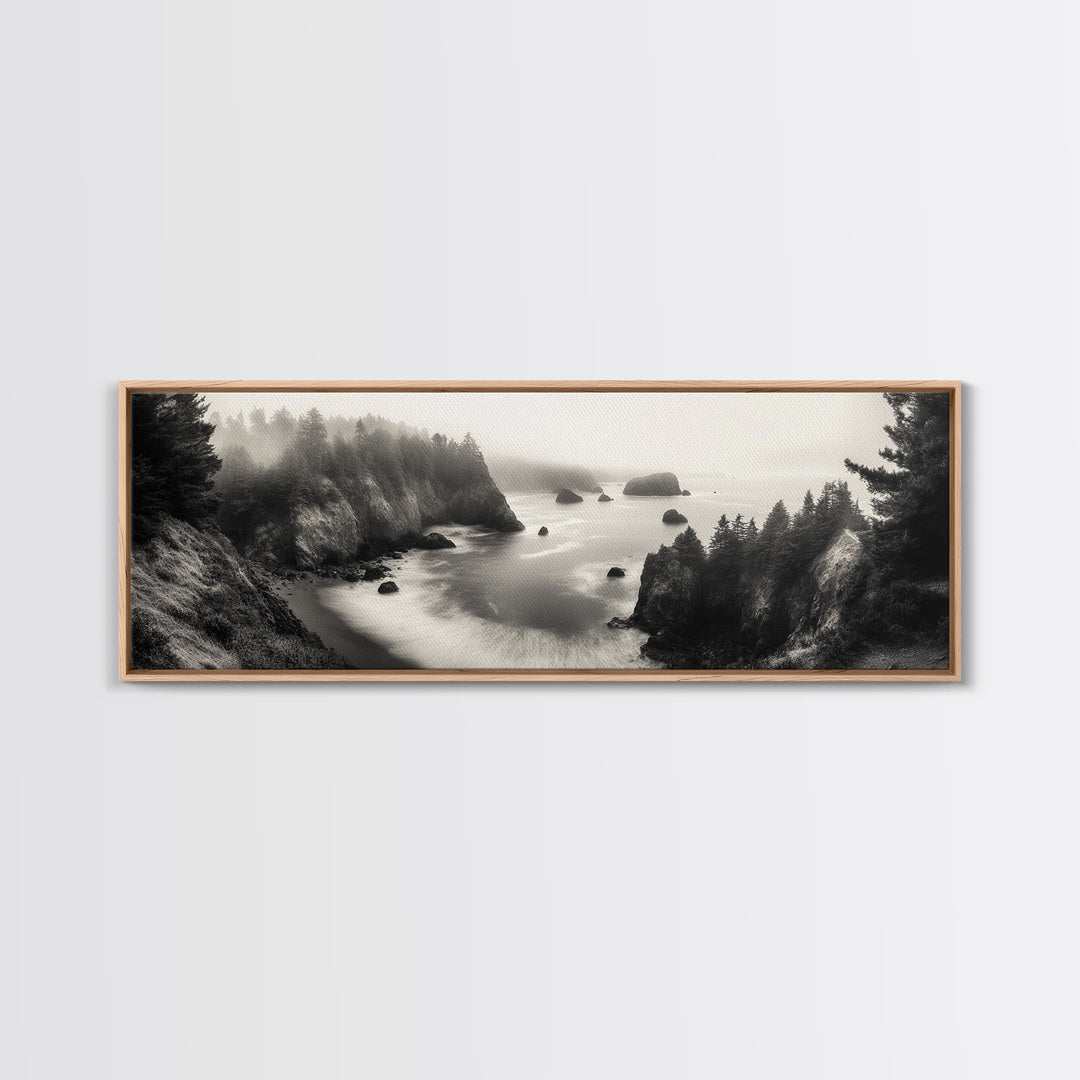 Ocean Rocks, Foggy Horizon, Coastal Cliffs, Dreamy Seascape, Canvas Print, Moody Nature Art, Living Room Wall Art, Coastal Minimalism