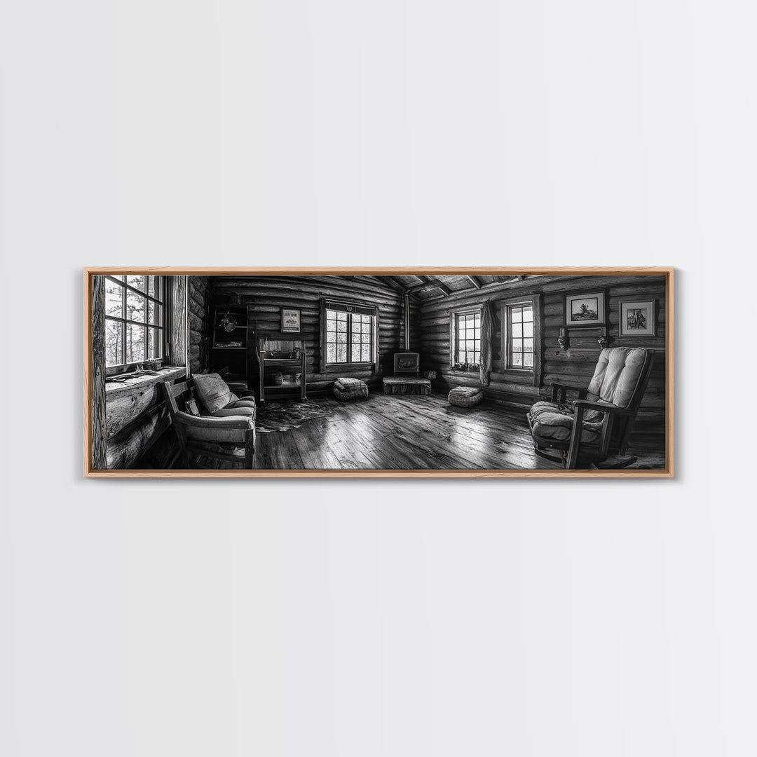 Rustic Cabin, Cozy Interior, Nature Retreat, Framed Canvas Print, Living Room Wall Art, Black and White Photography, Lodge Decor