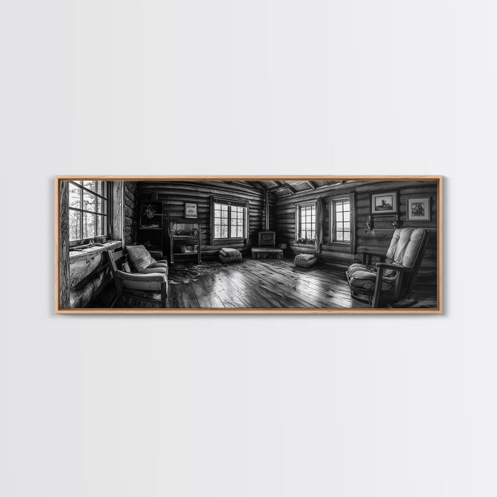 Rustic Cabin, Cozy Interior, Nature Retreat, Framed Canvas Print, Living Room Wall Art, Black and White Photography, Lodge Decor