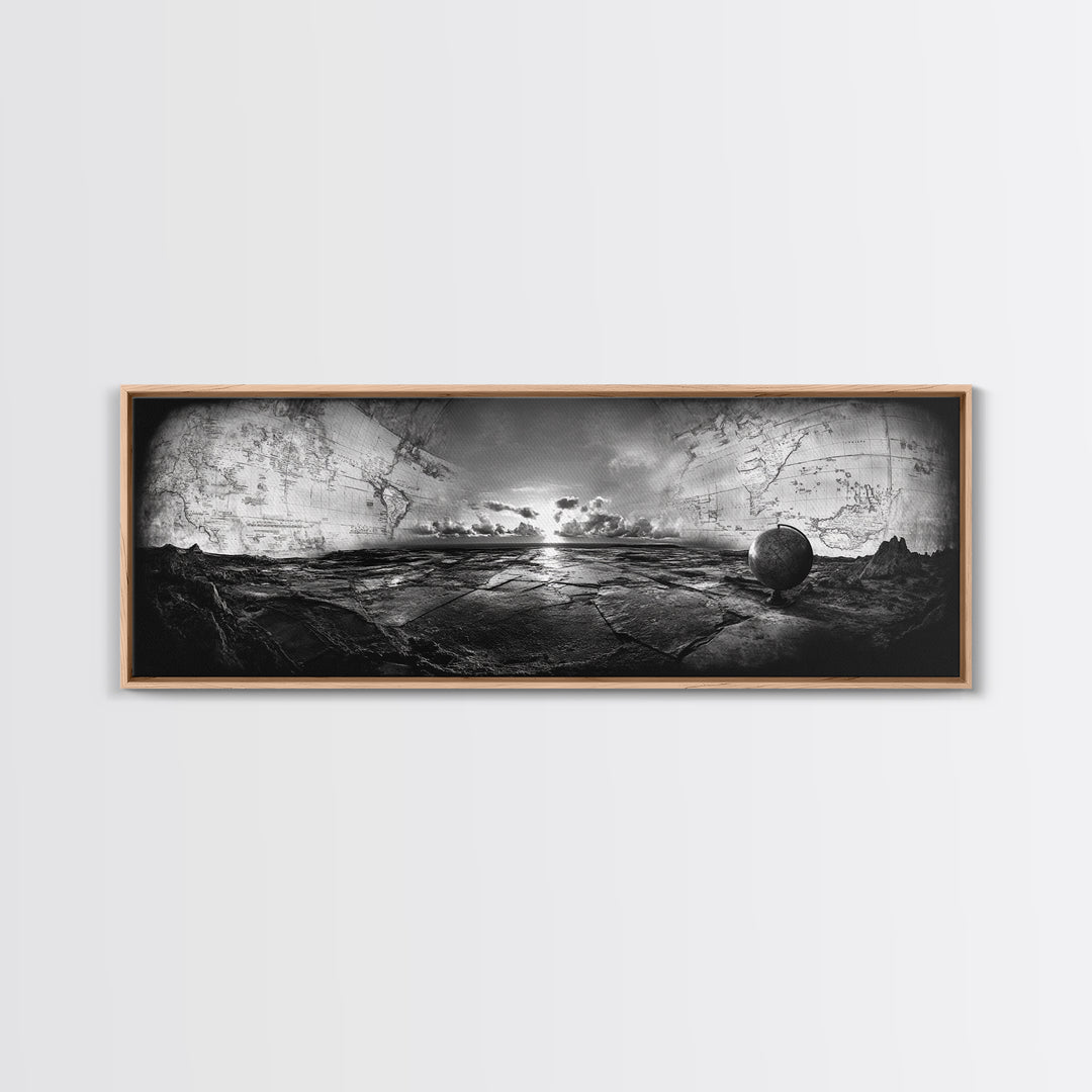 World Map, Globe Horizon, Explorer’s Dream, Canvas Print, Travel Wall Art, Surreal Photography, Study Room Adventure Decor