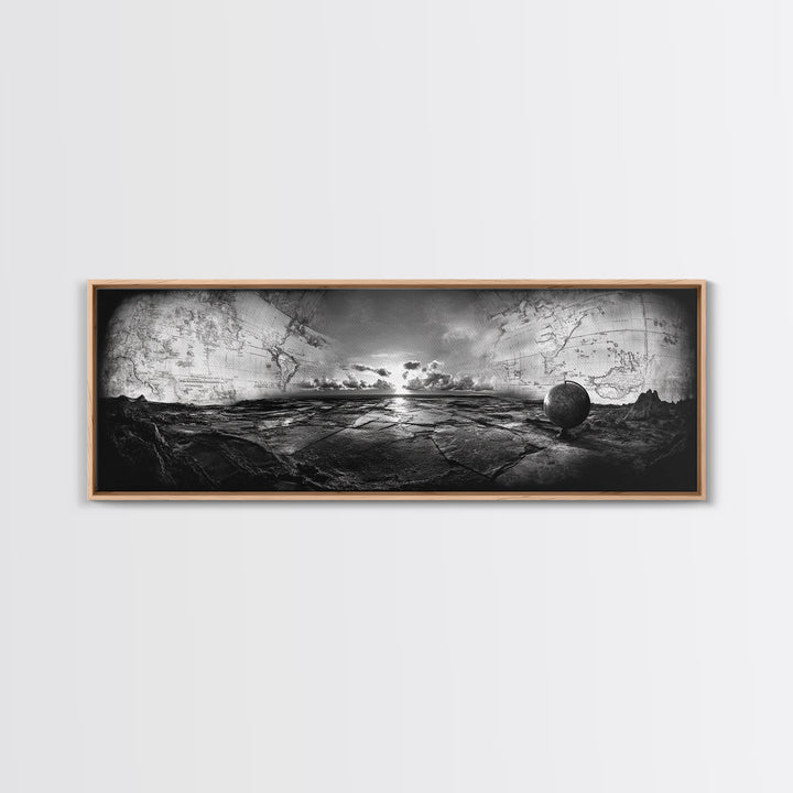 World Map, Globe Horizon, Explorer’s Dream, Canvas Print, Travel Wall Art, Surreal Photography, Study Room Adventure Decor