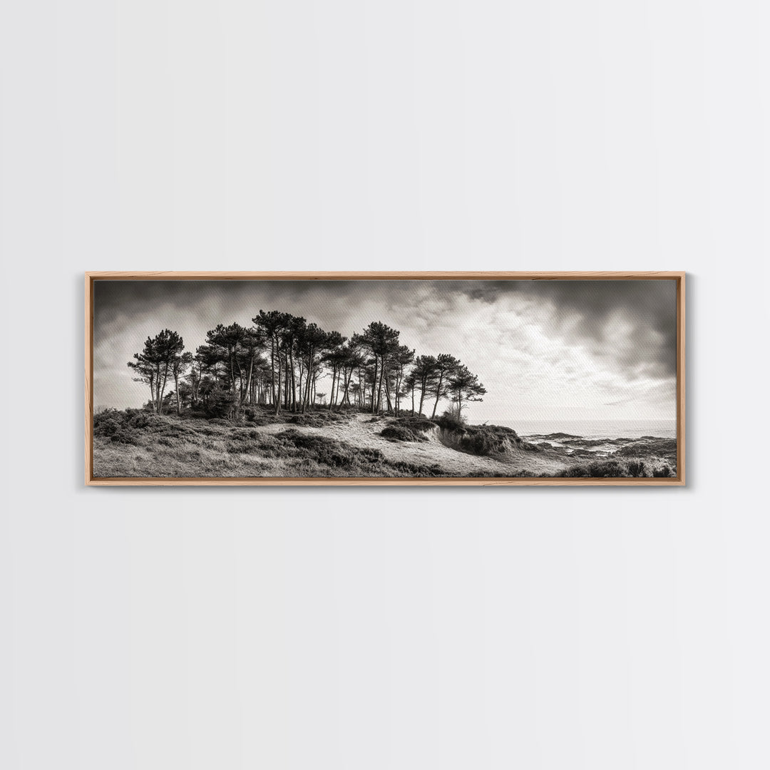 Coastal Pines, Ocean View, Windswept Trees, Framed Canvas Print, Minimalist Landscape Art, Neutral Tones, Entryway Wall Decor