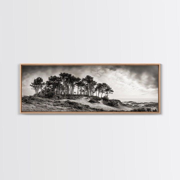 Coastal Pines, Ocean View, Windswept Trees, Framed Canvas Print, Minimalist Landscape Art, Neutral Tones, Entryway Wall Decor