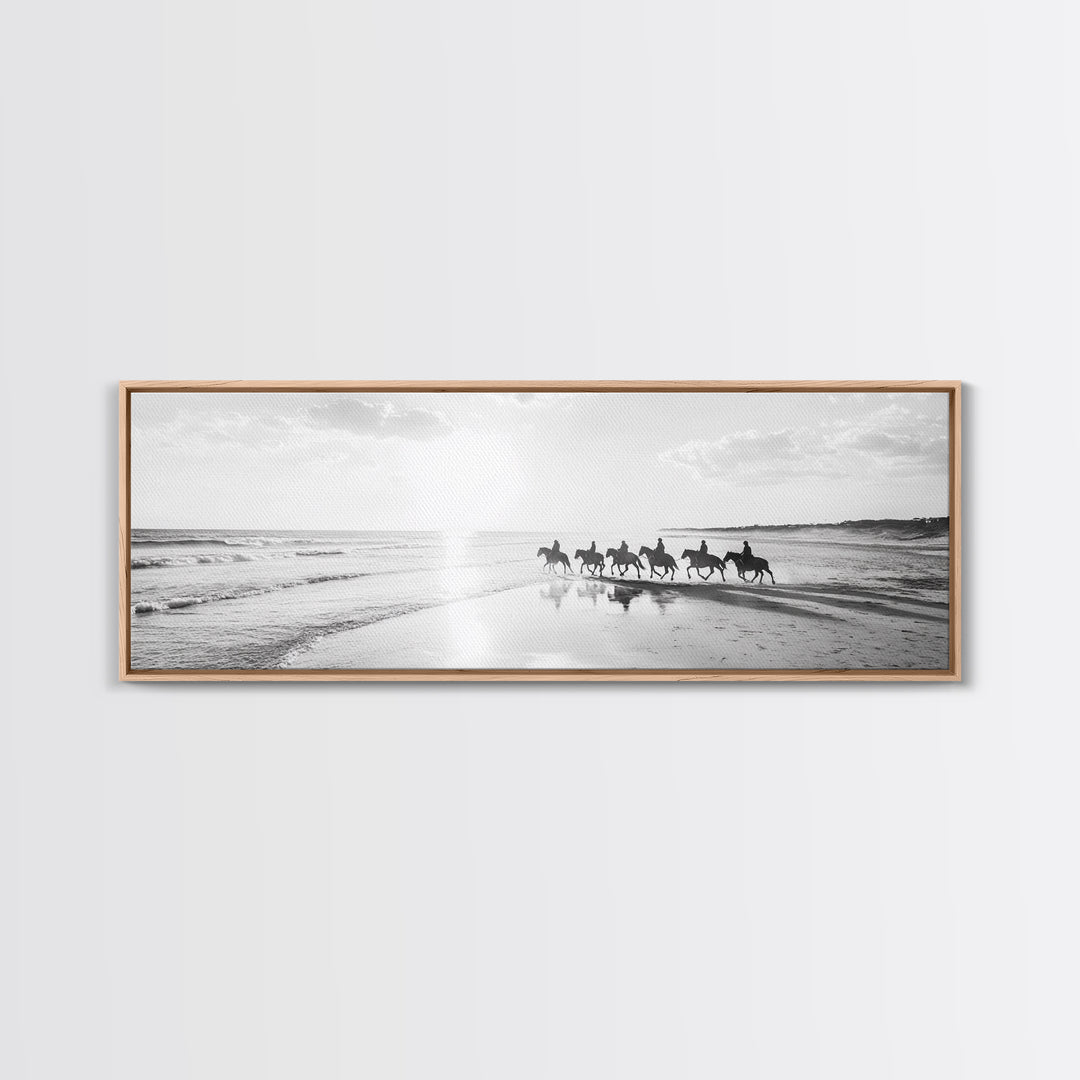 Beach Riders, Horseback Freedom, Seaside Journey, Canvas Print, Monochrome Wall Art, Coastal Living Room Decor, Nature Photography