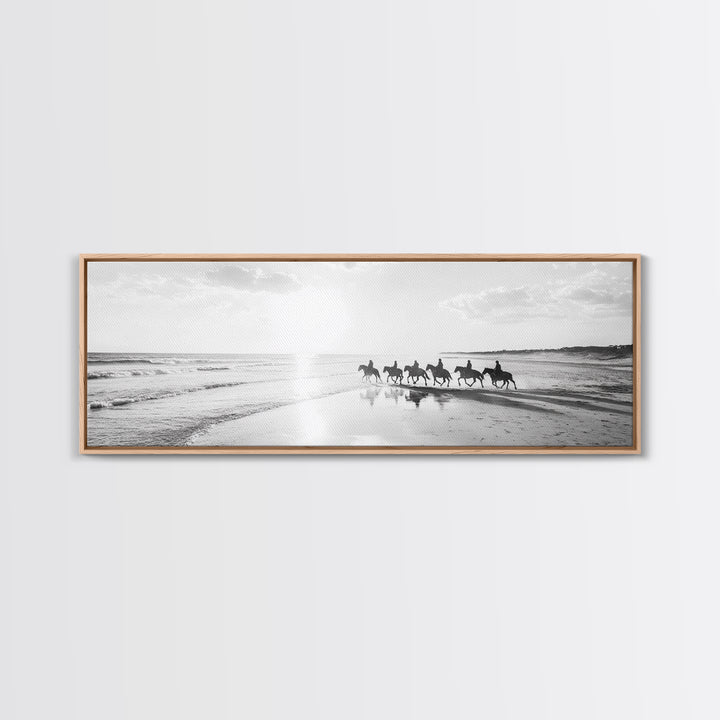 Beach Riders, Horseback Freedom, Seaside Journey, Canvas Print, Monochrome Wall Art, Coastal Living Room Decor, Nature Photography
