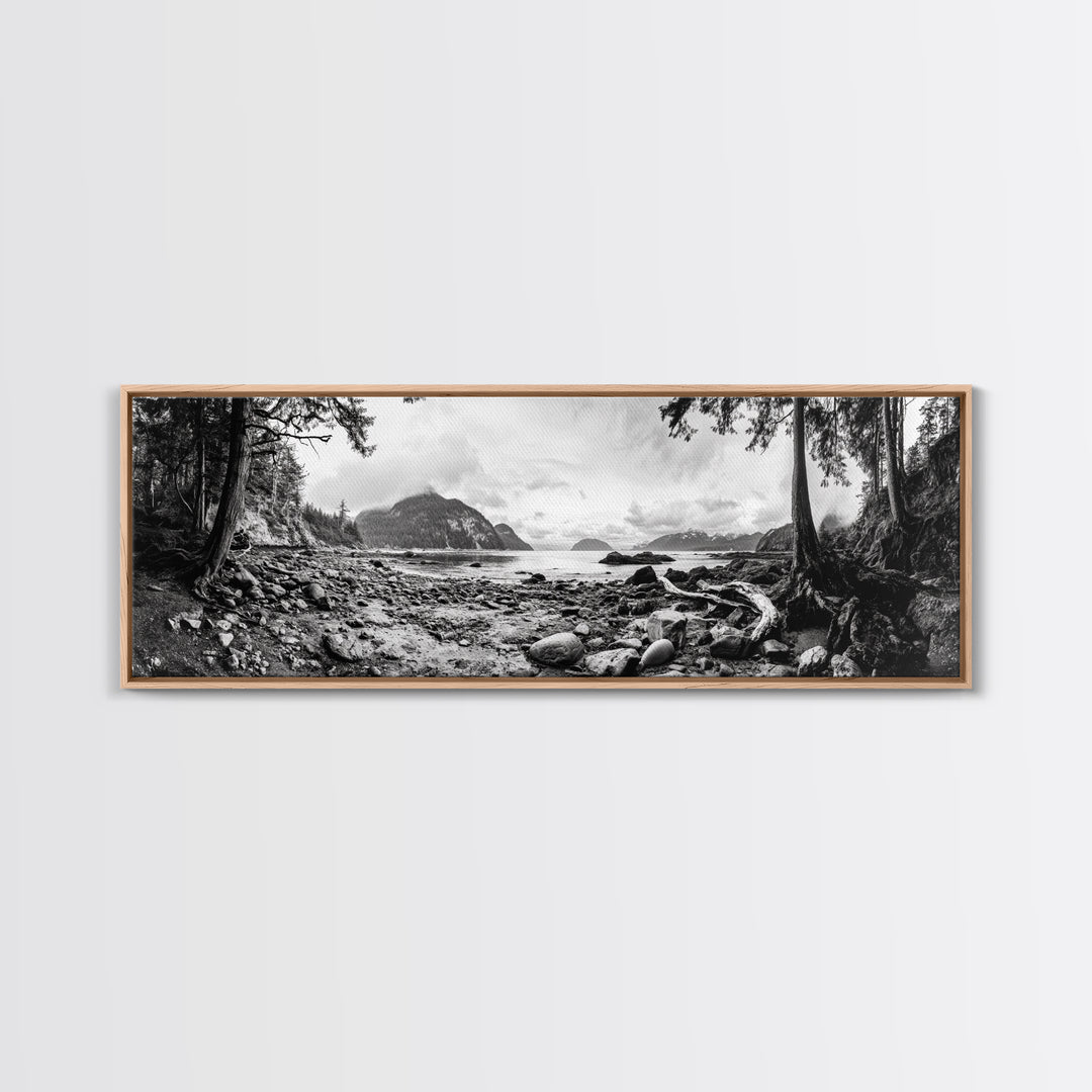 Rocky Shore, Ocean Vista, Misty Wilderness, Framed Canvas Print, Nature Wall Art, Monochrome Landscape, Cabin or Office Decor