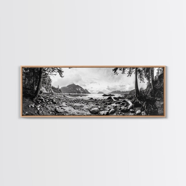 Rocky Shore, Ocean Vista, Misty Wilderness, Framed Canvas Print, Nature Wall Art, Monochrome Landscape, Cabin or Office Decor