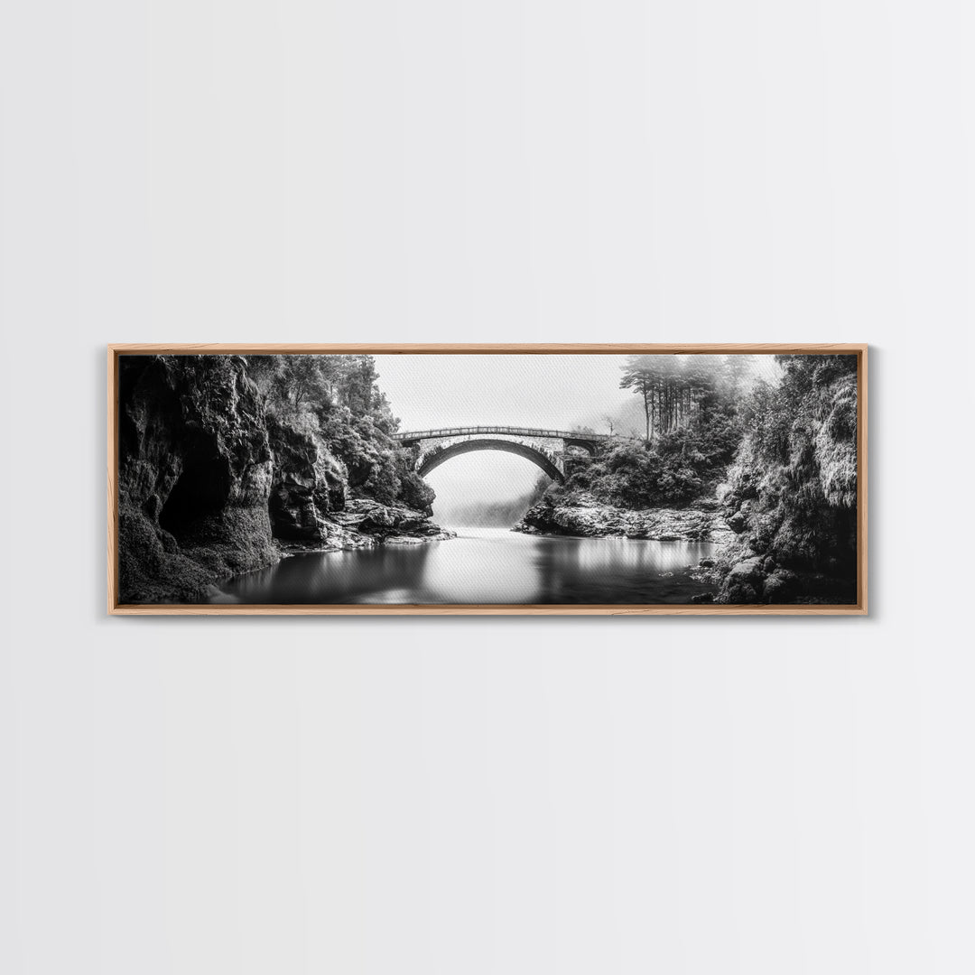 Stone Bridge, Forest River, Morning Mist, Canvas Print, Black and White Landscape, Nature Wall Art, Rustic Bathroom Art, Den Decor
