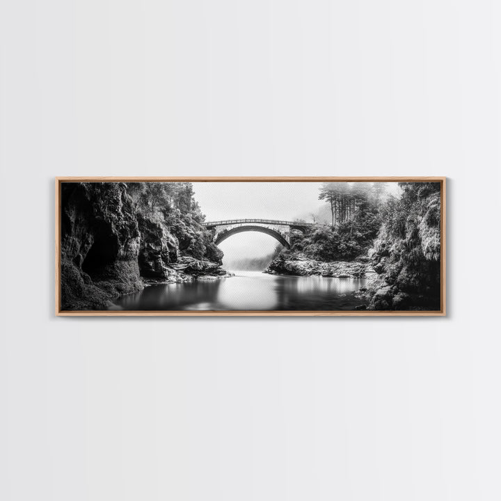 Stone Bridge, Forest River, Morning Mist, Canvas Print, Black and White Landscape, Nature Wall Art, Rustic Bathroom Art, Den Decor