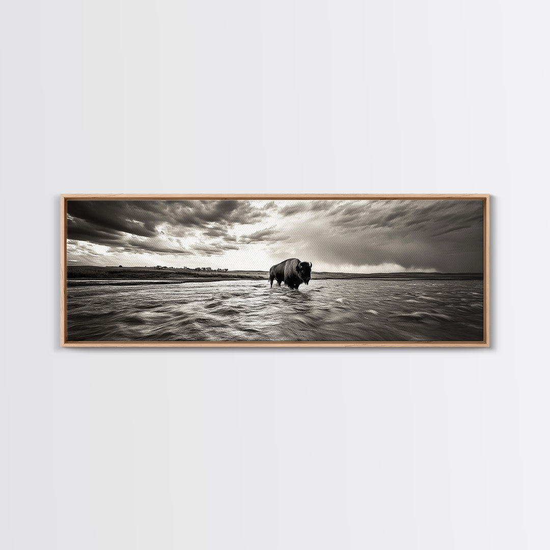 Bison River, Prairie Storm, American West, Framed Canvas Print, Rustic Nature Art, Fall Living Room Decor, Wildlife Photography