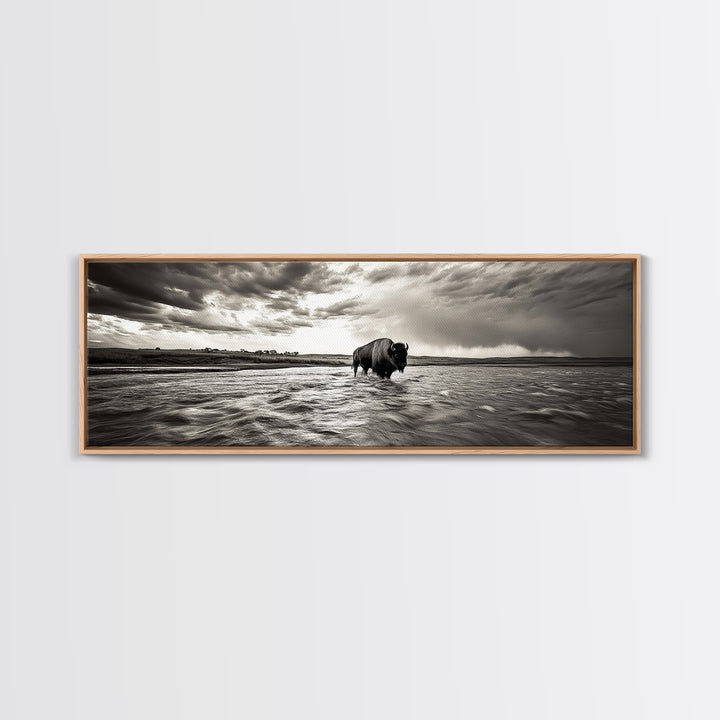 Bison River, Prairie Storm, American West, Framed Canvas Print, Rustic Nature Art, Fall Living Room Decor, Wildlife Photography