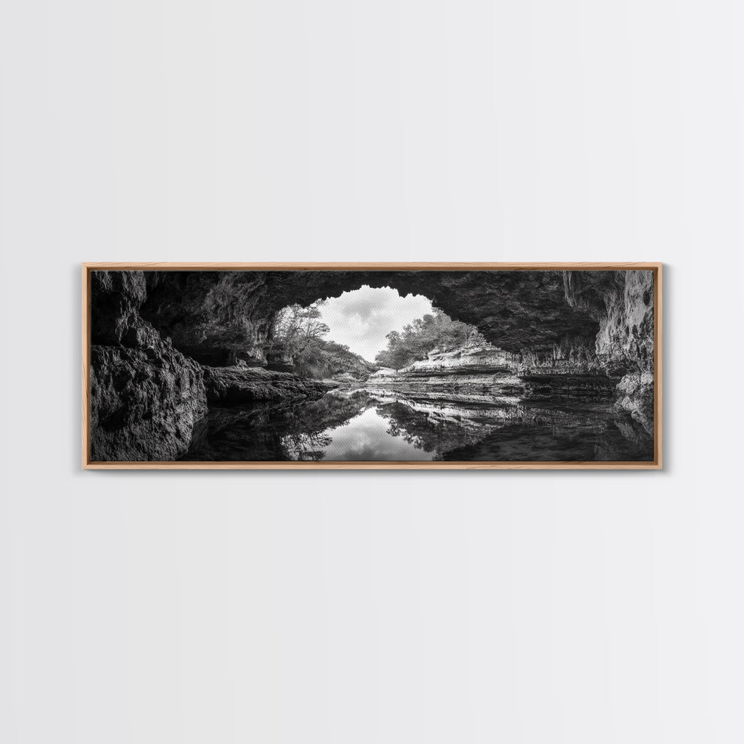 Cave Opening, Reflected Water, Nature Frame, Canvas Print, Monochrome Landscape, Natural Wall Art, Earthy Bathroom Art, Den Decor