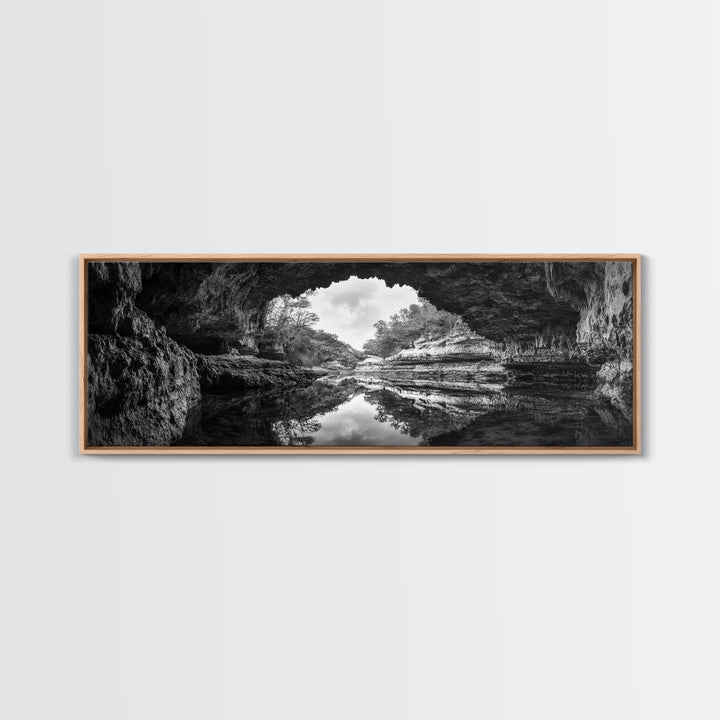 Cave Opening, Reflected Water, Nature Frame, Canvas Print, Monochrome Landscape, Natural Wall Art, Earthy Bathroom Art, Den Decor
